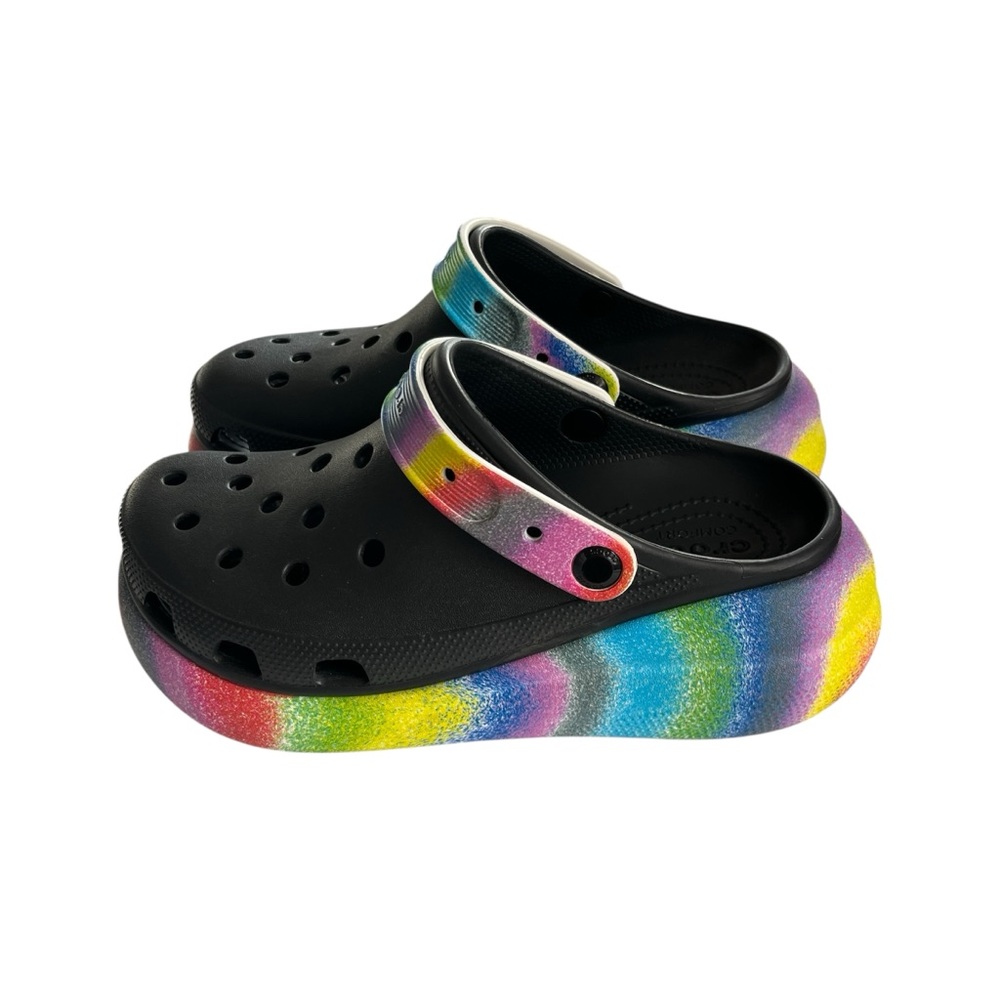 CROCS Black Platform Clogs with Rainbow Gradient Strap and Sole